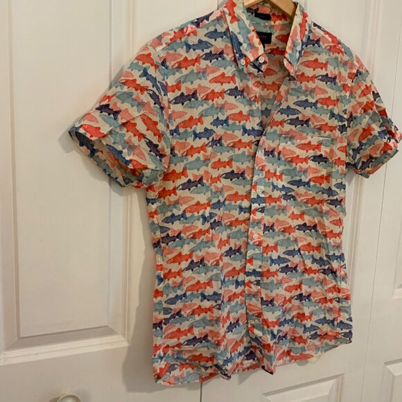 J. Crew Factory Men’s Trout Print Slim Short Sleeve Button Front Shirt Medium - Picture 4 of 10